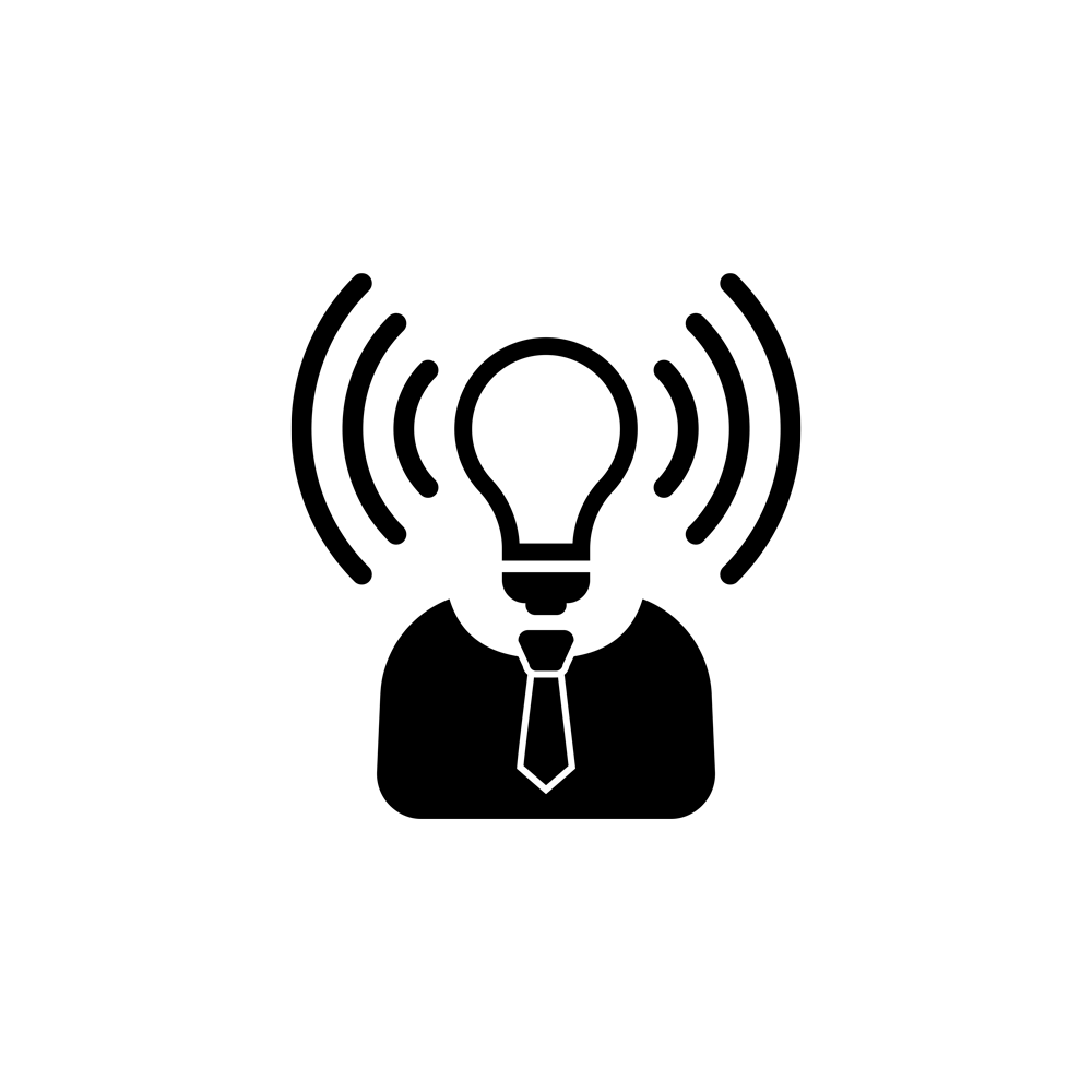Black icon of a human torso with a light bulb as a head and wave symbols emanating from the bulb.