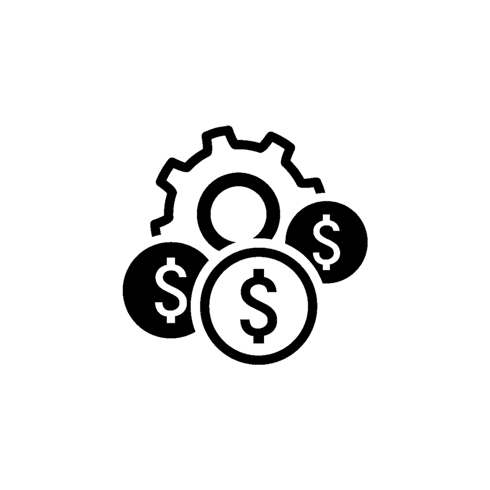 Black icon of a gear and circles with a dollar sign stacked on top.