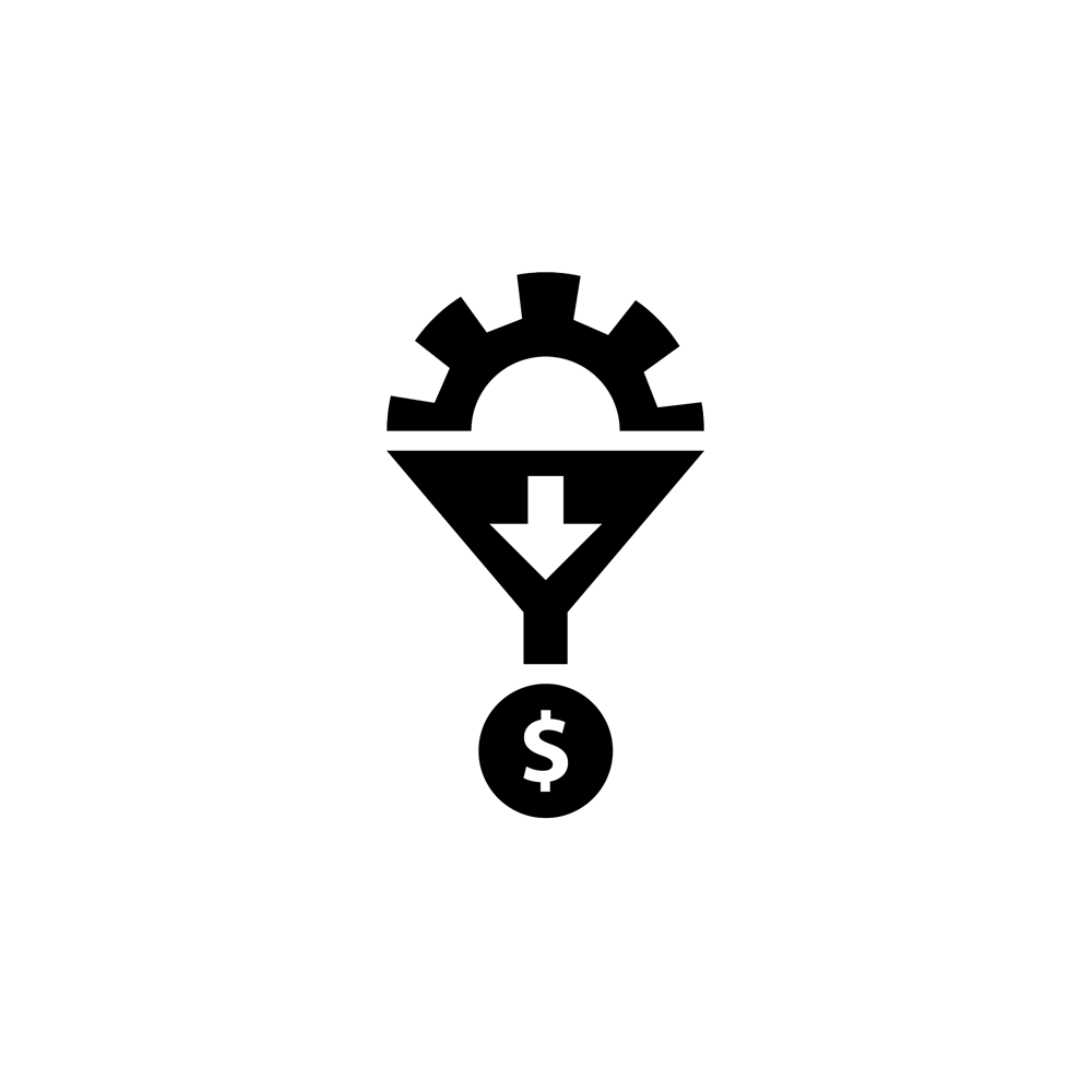 Black icon of a gear top-fed into a funnel with a dollar sign beneath the funnel.